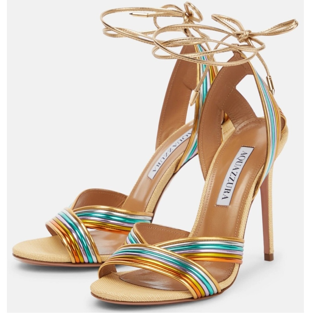 NWT / AQUAZURRA ARI 105 Metallic Raffia Laminated Sandals / Heels 38